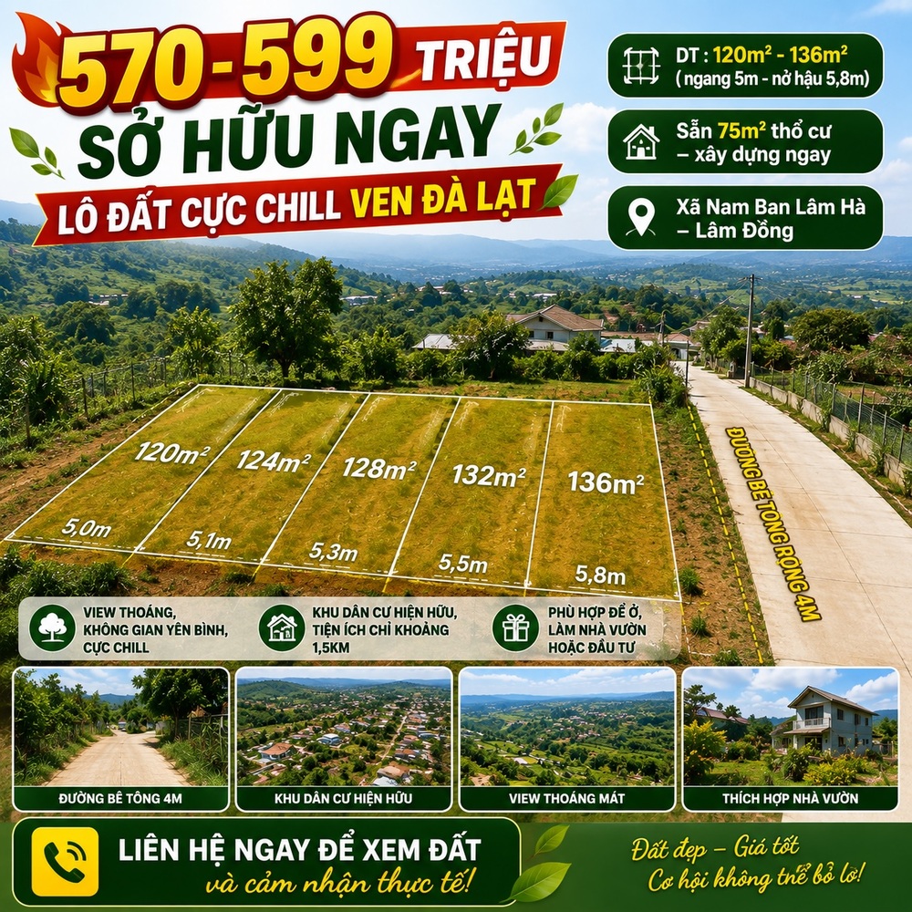 Đất nền Nam Ban 120-136m², sẵn thổ cư, từ 570tr