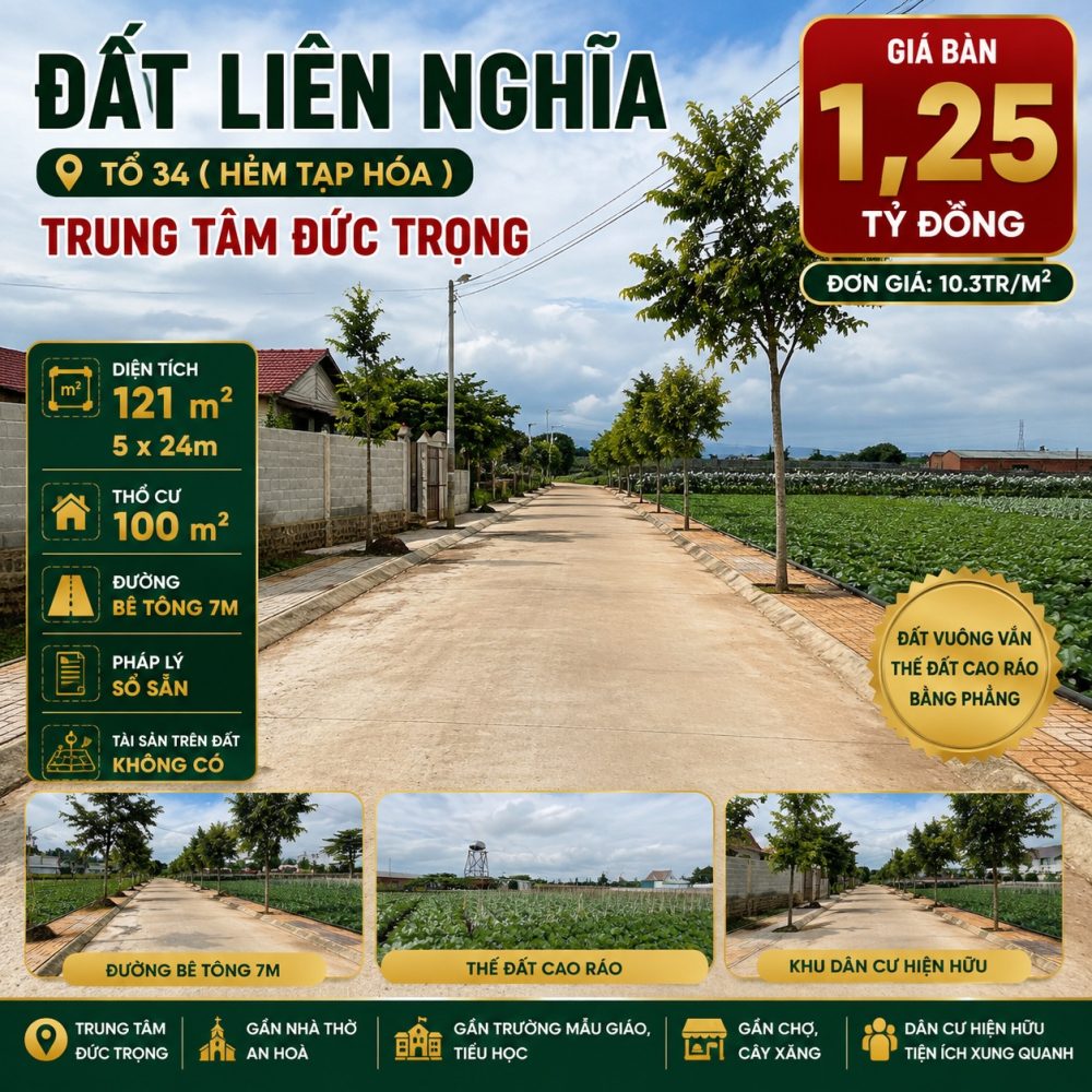 Đất Liên Nghĩa 121m² đường 7m giá 1,25 tỷ