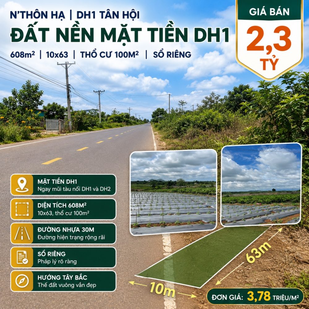 Đất nền Tân Hội 608m² mặt tiền DH1, giá 2,3 tỷ