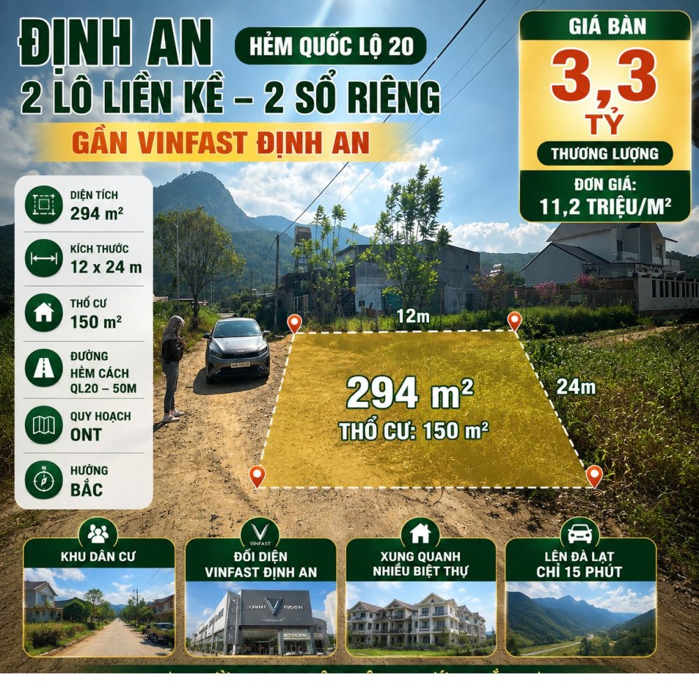 Đất Định An 294m² gần QL20 giá 3,3 tỷ