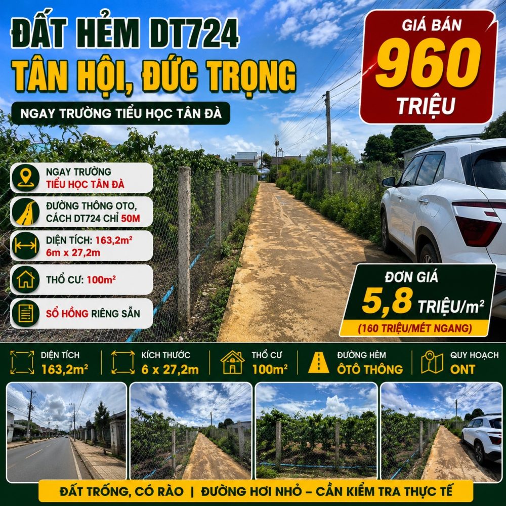 Đất hẻm DT724 Tân Hội 163,2m² giá 960 triệu