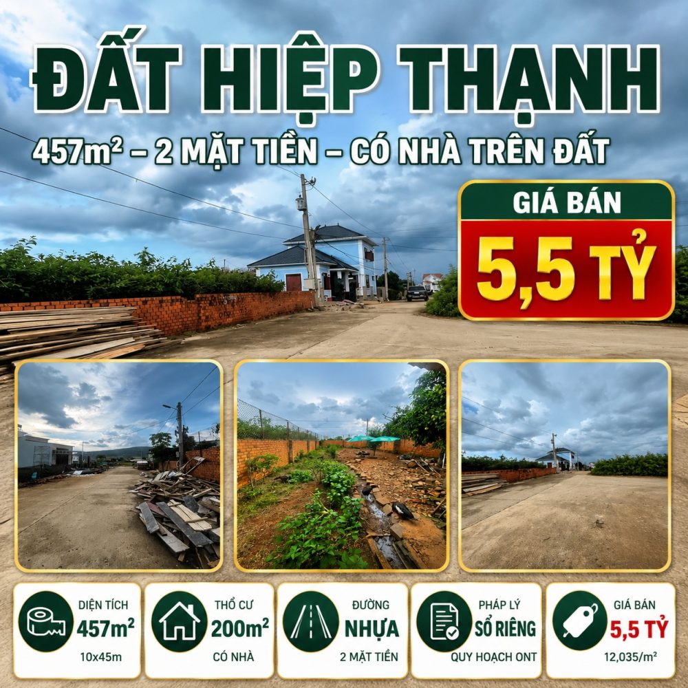 Đất Hiệp Thạnh 457m², 2 mặt tiền, giá 5,5 tỷ