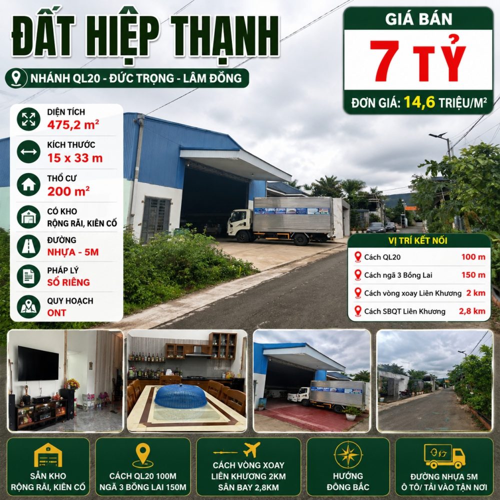 Đất Hiệp Thạnh 475m² Có Kho, Giá 7 Tỷ