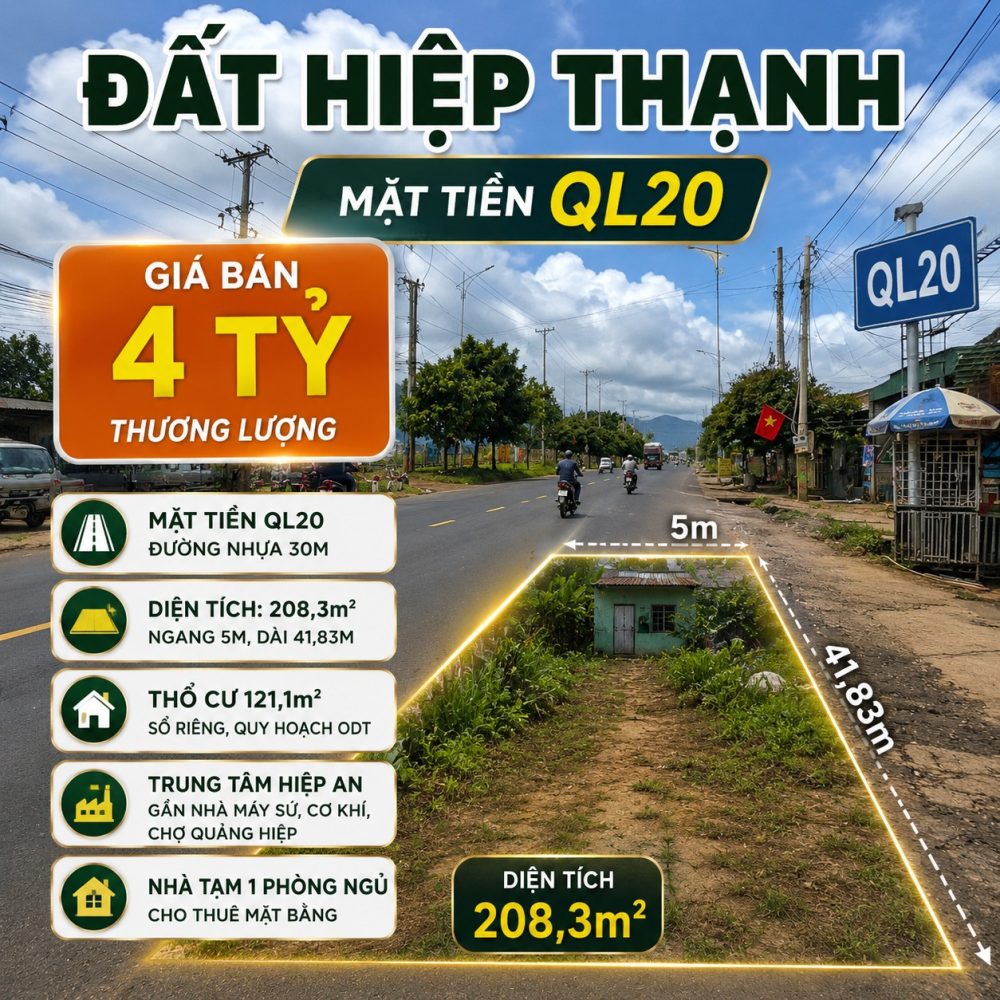 Đất Hiệp Thạnh mặt tiền QL20, giá 4 tỷ