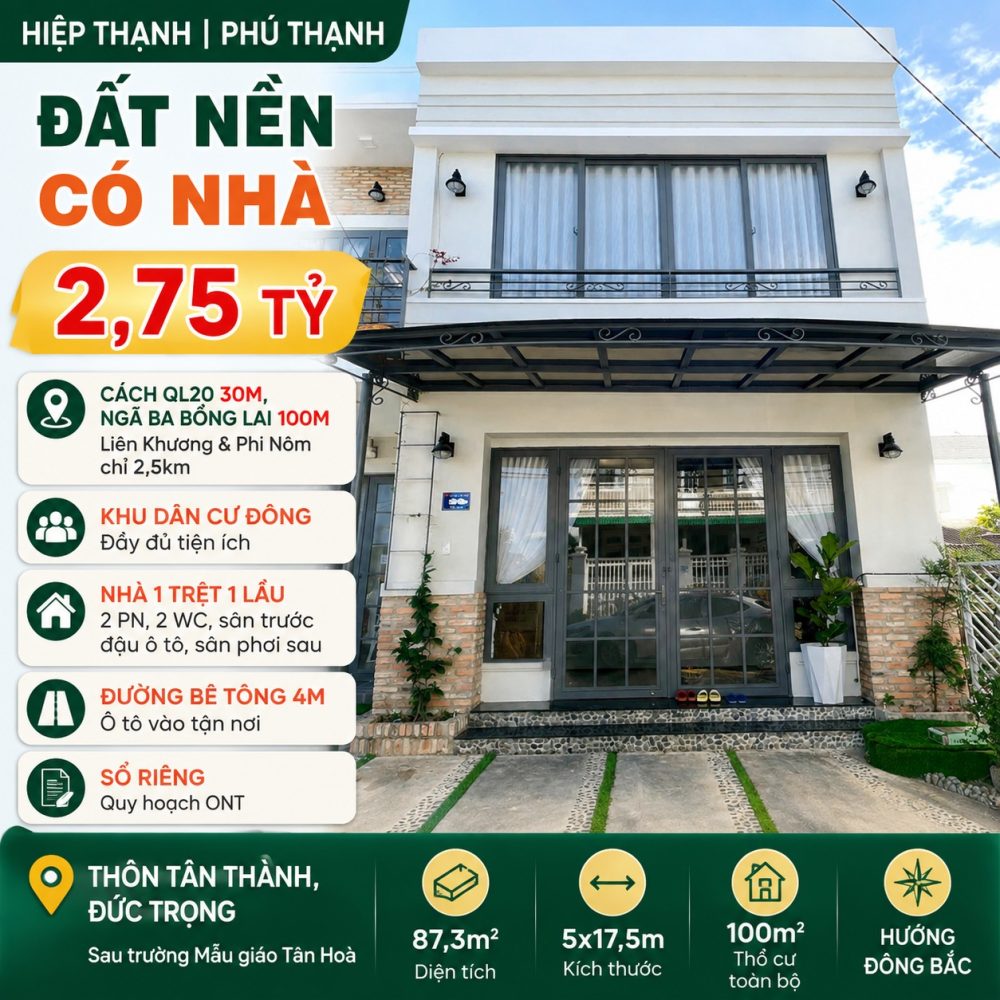Đất Hiệp Thạnh 87,3m² có nhà 2 tầng giá 2,75 tỷ