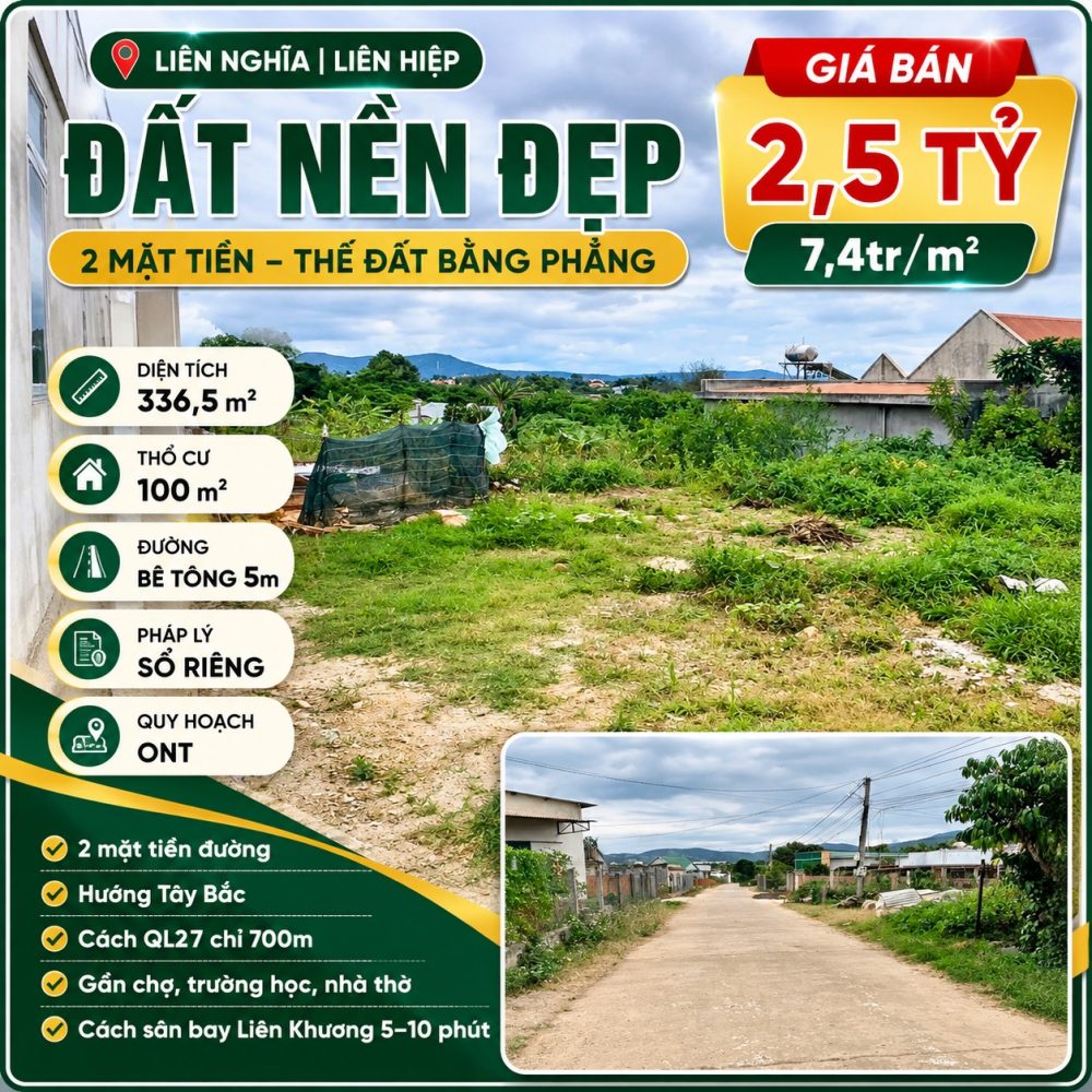 Đất Liên Hiệp 336,5m² – 2 mặt tiền – 2,5 tỷ