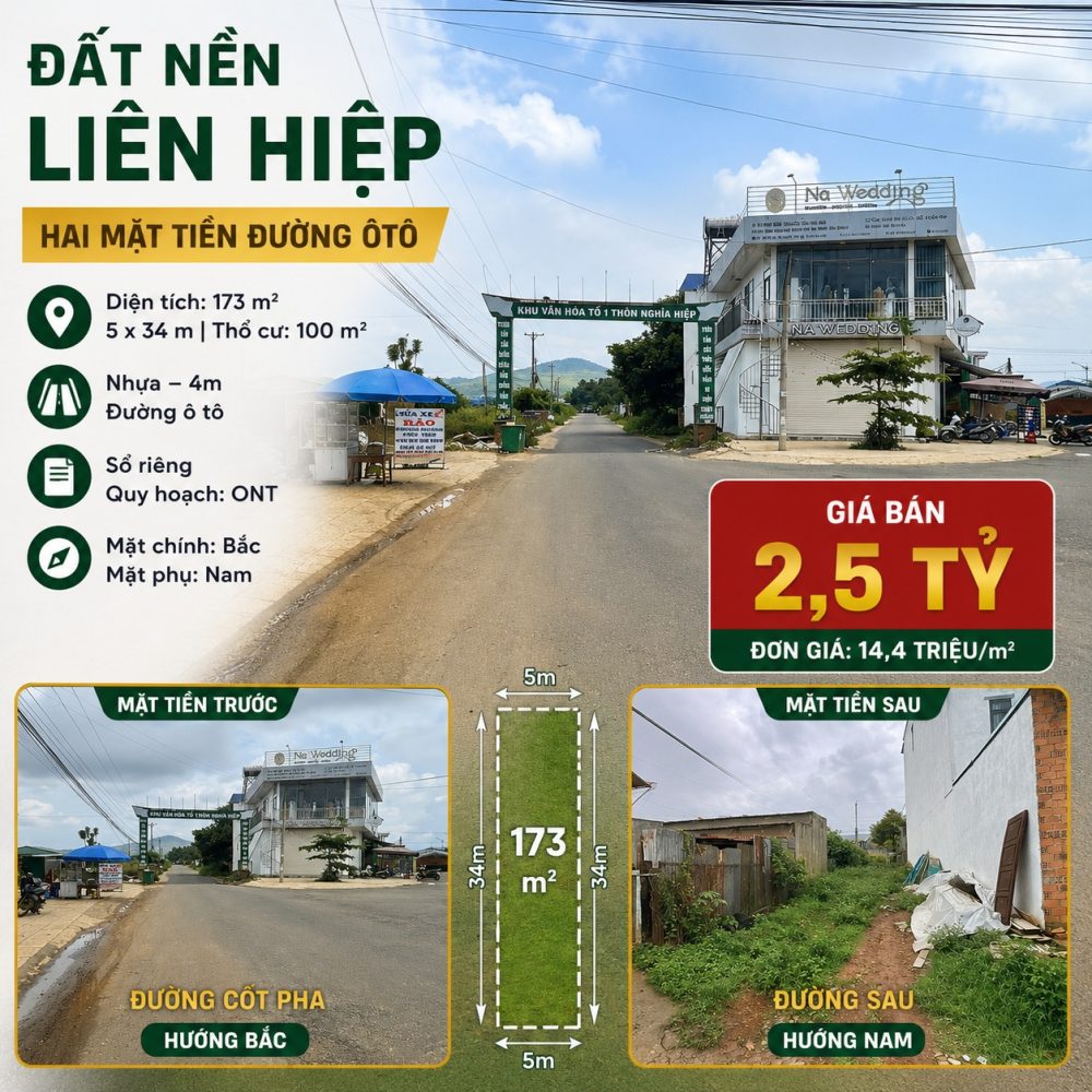 Đất nền Liên Hiệp 173m², 2 mặt tiền, giá 2,5 tỷ
