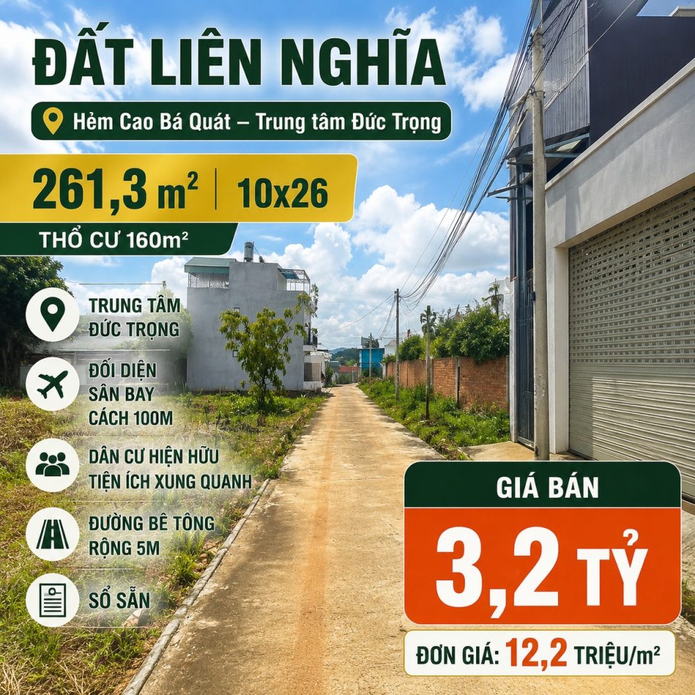 Đất Liên Nghĩa 261,3m² gần sân bay, giá 3,2 tỷ