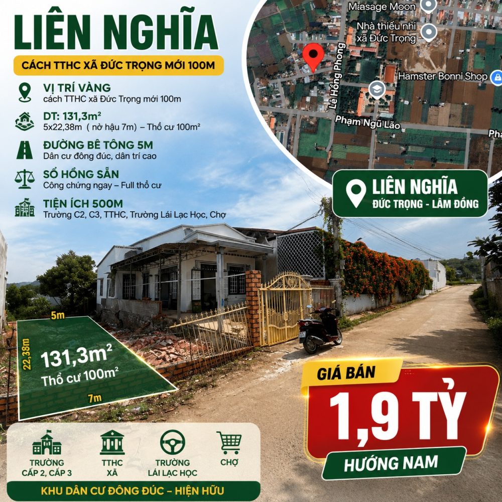 Đất Liên Nghĩa 131,3m² gần TTHC Đức Trọng