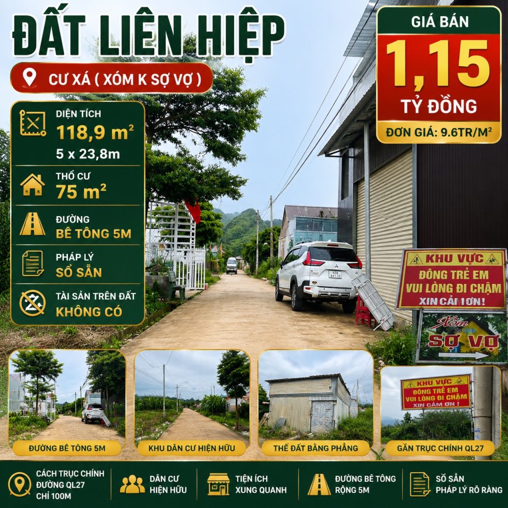 Đất Liên Hiệp 118,9m² – Thổ cư 75m², giá 1,15 tỷ