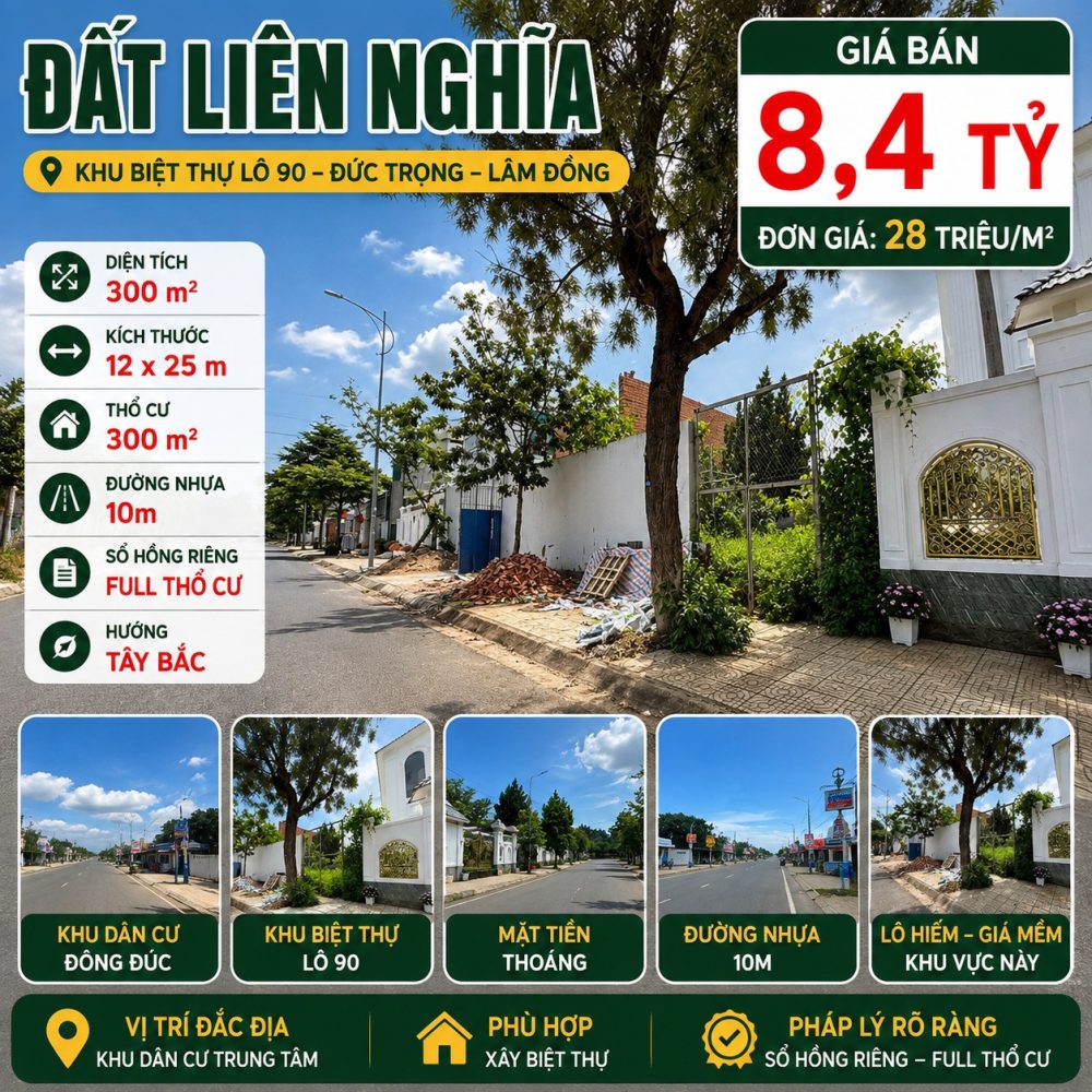 Đất Liên Nghĩa 300m² full thổ cư, giá 8,4 tỷ