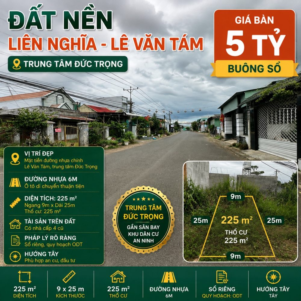Đất Liên Nghĩa Lê Văn Tám 225m², giá 5 tỷ
