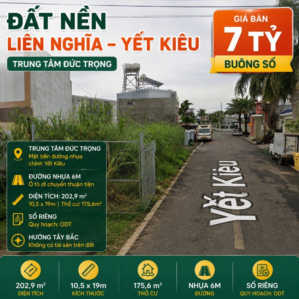 Đất Liên Nghĩa Yết Kiêu 202,9m², giá 7 tỷ