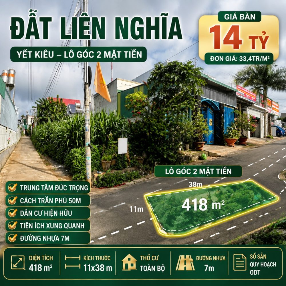 Đất Liên Nghĩa Yết Kiêu 418m², lô góc 2 mặt tiền