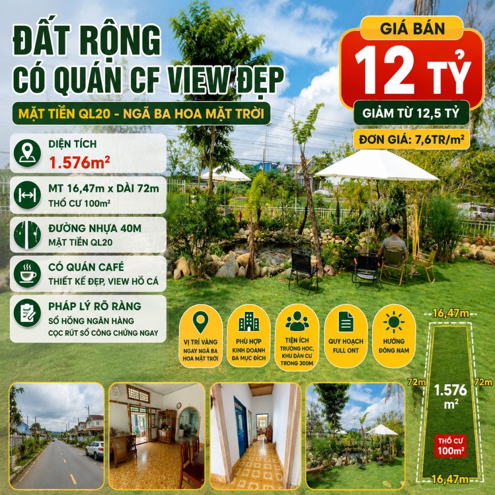 Đất mặt tiền QL20 Hoa Mặt Trời 1.576m², 12 tỷ