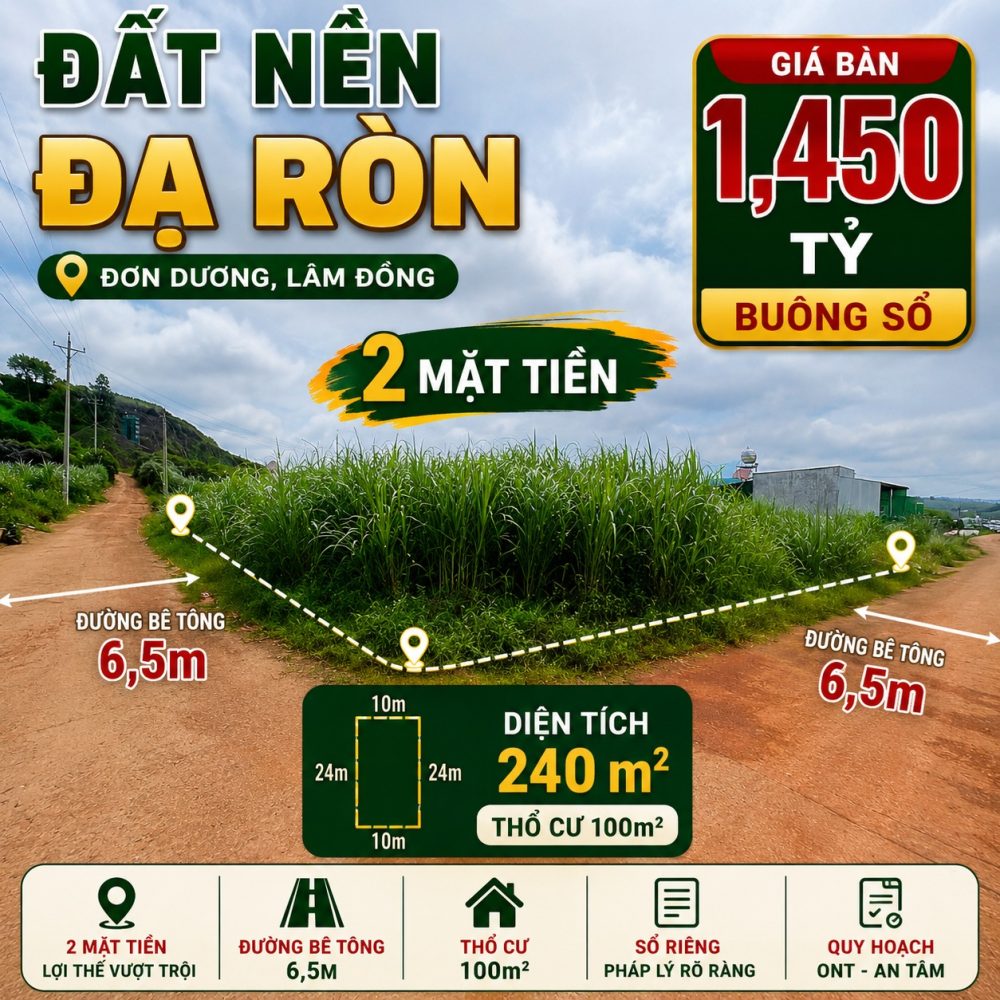 Đất nền Đạ Ròn 240m², 2 mặt tiền, giá 1,45 tỷ
