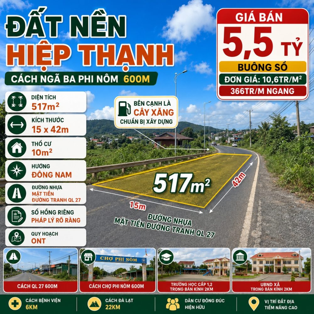 Đất nền Hiệp Thạnh 517m², giá 5,5 tỷ
