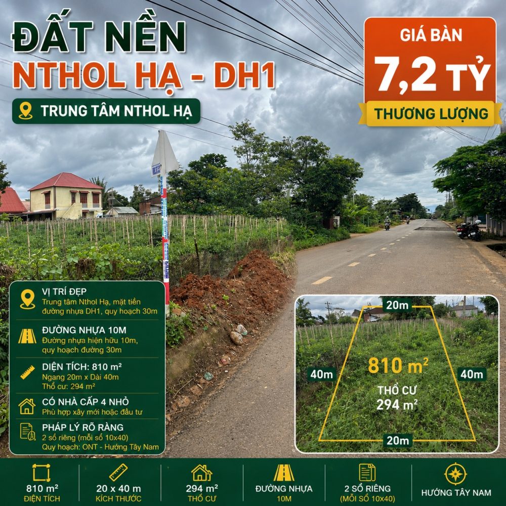 Đất Nthol Hạ 810m² mặt tiền DH1 – 7,2 tỷ