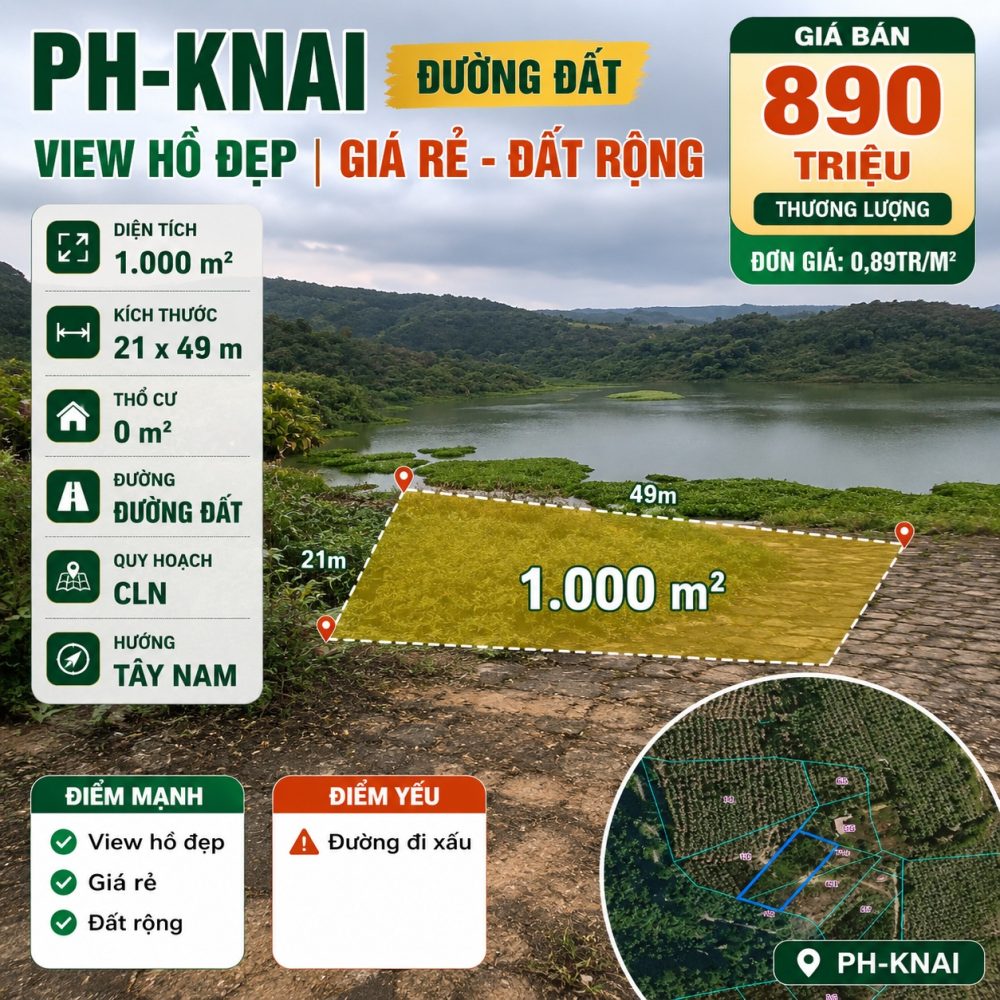 Đất PH-Knai 1.000m² view hồ đẹp, giá 890 triệu