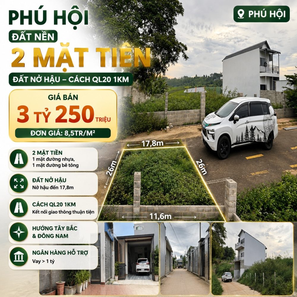Đất Phú Hội 379,5m², 2 mặt tiền, giá 3,25 tỷ