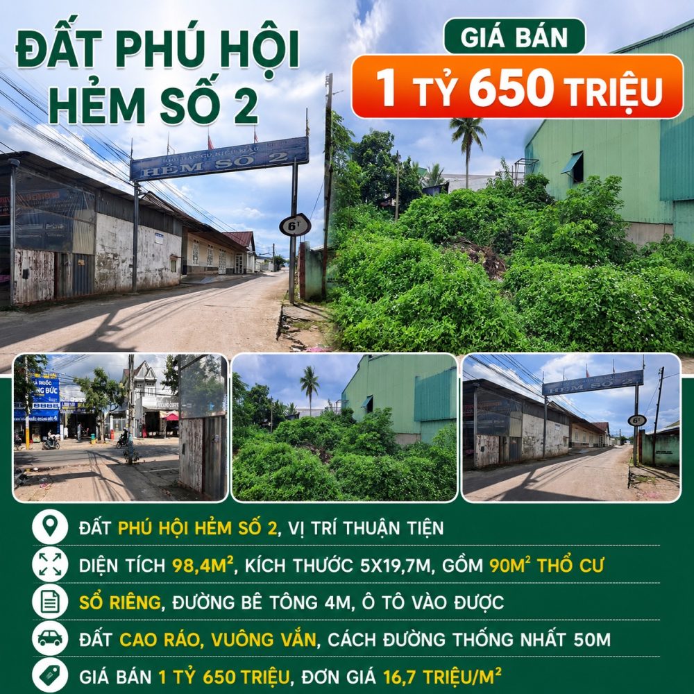 Đất Phú Hội 98,4m², 90m² thổ cư – Giá 1,65 tỷ