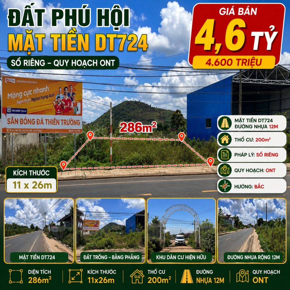 Đất Phú Hội mặt tiền DT724 286m² giá 4,6 tỷ
