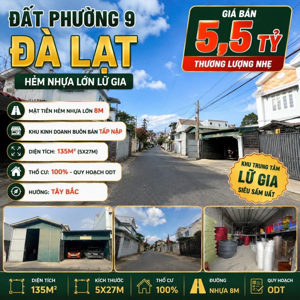 Đất Phường 9 Đà Lạt hẻm Lữ Gia 135m²