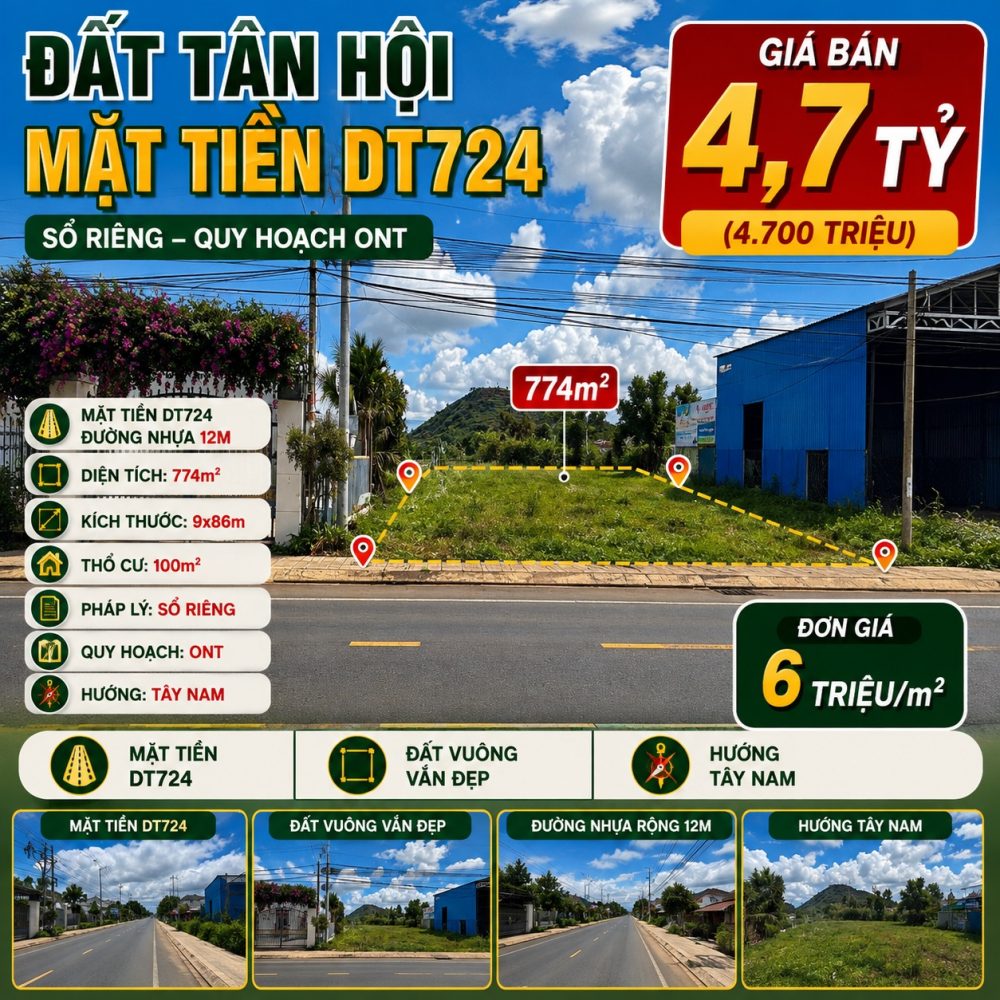 Đất Tân Hội mặt tiền DT724, 774m², giá 4,7 tỷ
