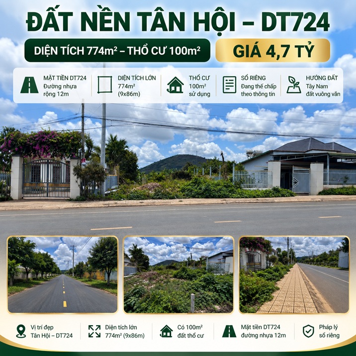 Đất Tân Hội mặt tiền DT724, 774m², giá 4,7 tỷ