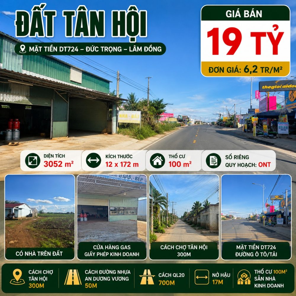 Đất Tân Hội 3052m² mặt tiền DT724, giá 19 tỷ