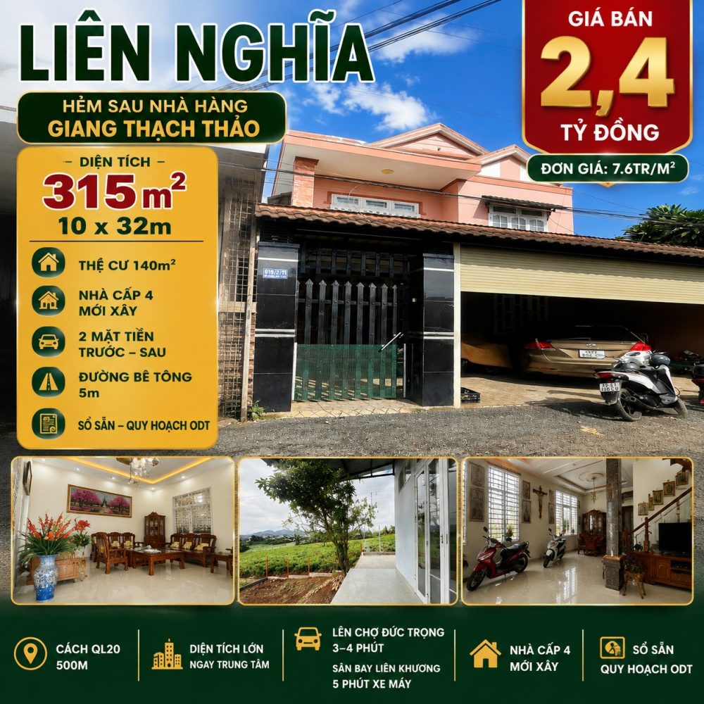 Nhà đất Liên Nghĩa 315m², 2 mặt tiền, giá 2,4 tỷ
