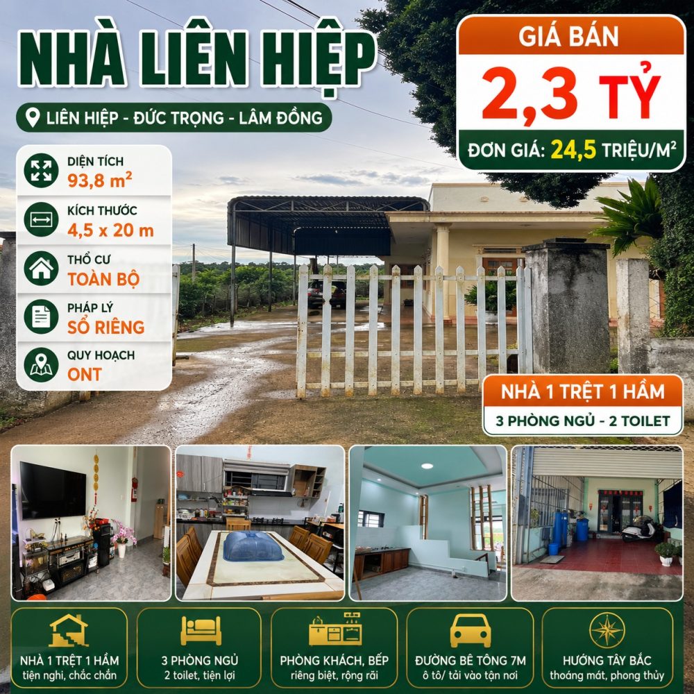 Nhà Liên Hiệp 93,8m², 3 phòng ngủ, giá 2,3 tỷ