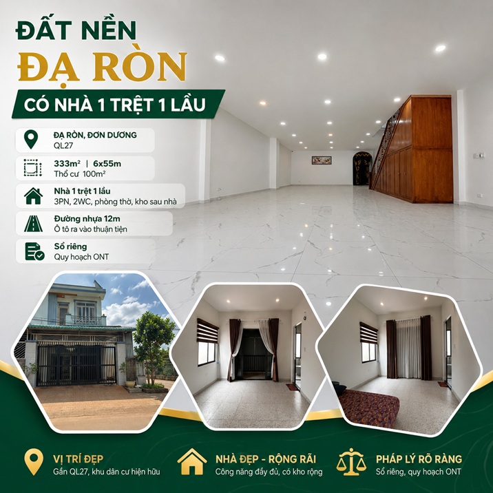 Nhà đất Đạ Ròn Đơn Dương 333m² có nhà 1 trệt 1 lầu, giá 3,3 tỷ