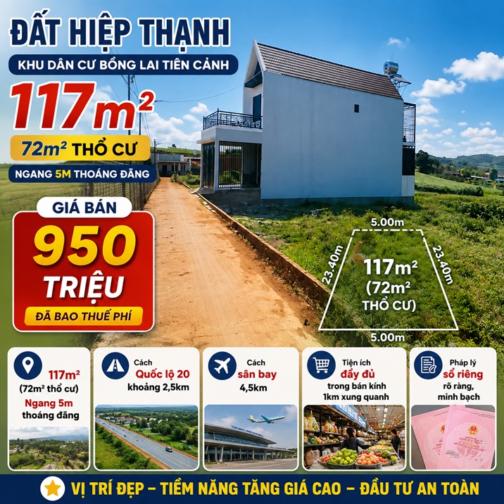 Đất nền Bồng Lai Hiệp Thạnh 117m² thổ cư 72m²
