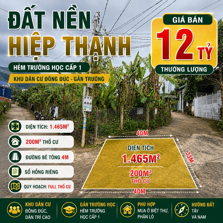 Đất nền Hiệp Thạnh 1465m² có 200m² thổ cư