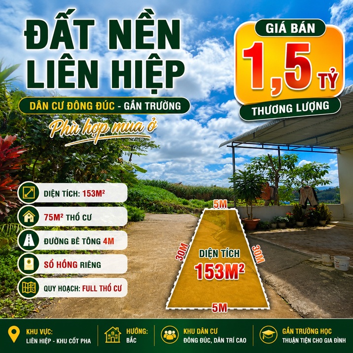 Đất nền Liên Hiệp 153m² có 75m² thổ cư