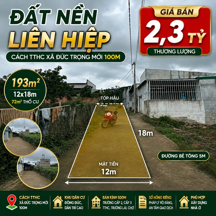 Đất nền Liên Hiệp 193m² thổ cư 72m²