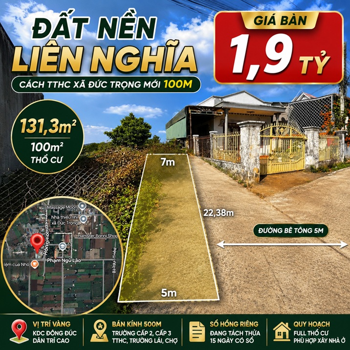 Đất nền Liên Nghĩa 131,3m² thổ cư 100m²