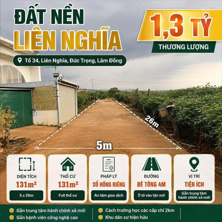 Đất nền Liên Nghĩa 131m², full thổ cư, giá 1,3 tỷ