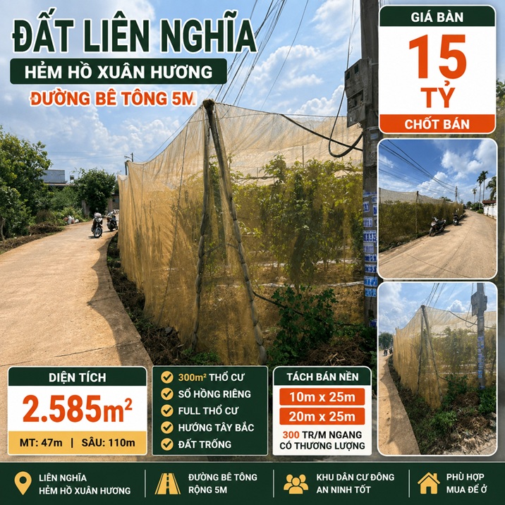 Đất nền Liên Nghĩa 2.585m² hẻm Hồ Xuân Hương