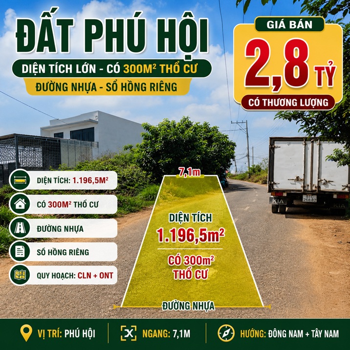 Đất nền Phú Hội 1196,5m² có 300m² thổ cư