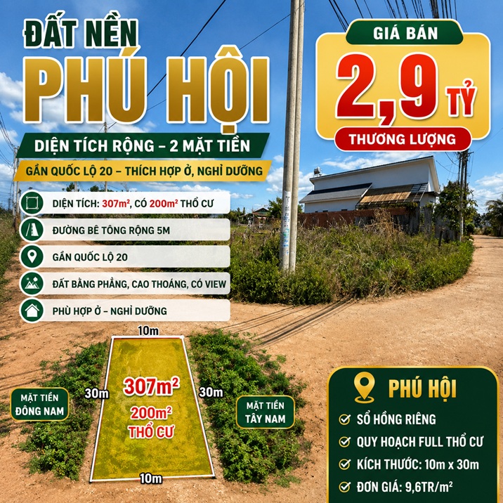 Đất nền Phú Hội 307m² thổ cư 200m² hai mặt tiền