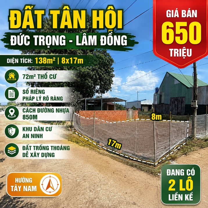 Đất nền Tân Hội 138m² thổ cư 72m²