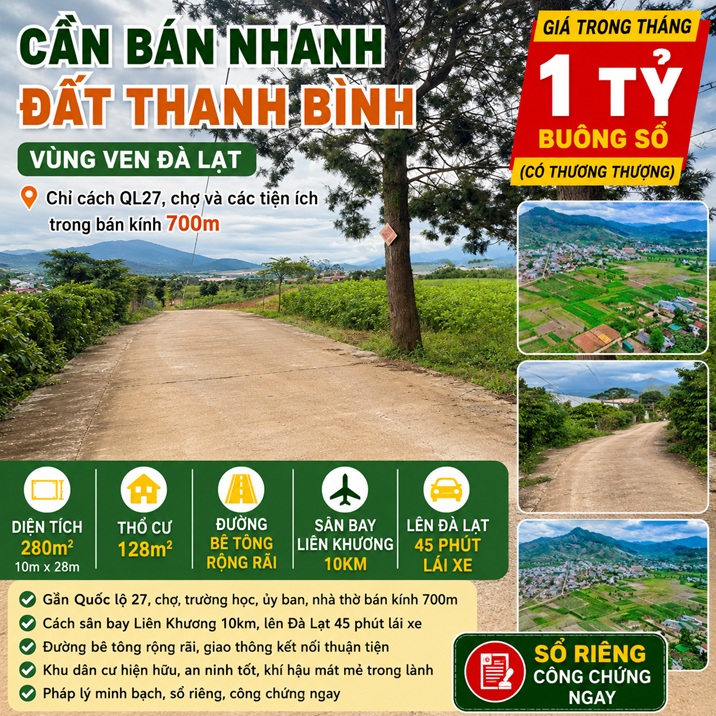 Đất nền Thanh Bình 280m² thổ cư 128m²