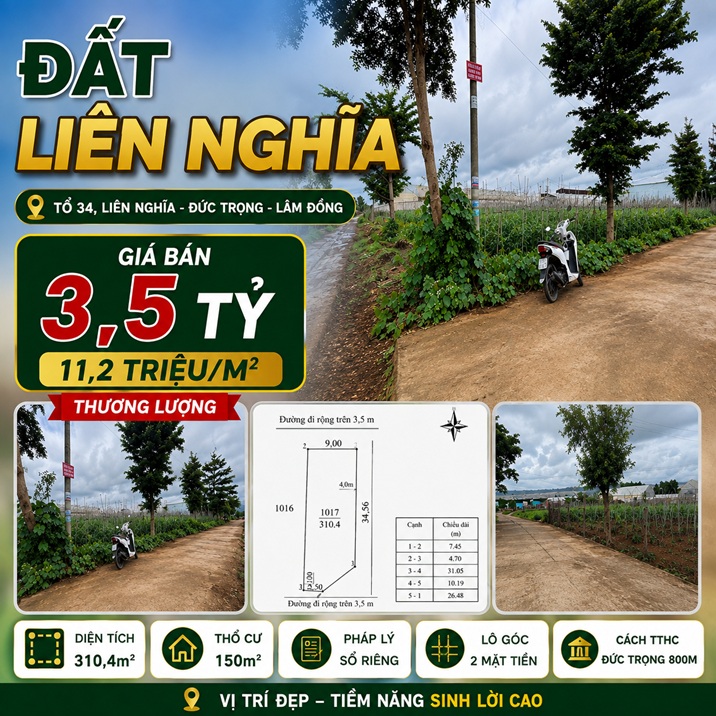 Đất nền Tổ 34 Liên Nghĩa 310,4m² lô góc hai mặt tiền