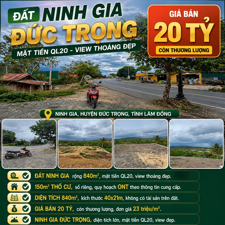 Đất Ninh Gia Đức Trọng 840m² mặt tiền Quốc lộ 20, 20 tỷ