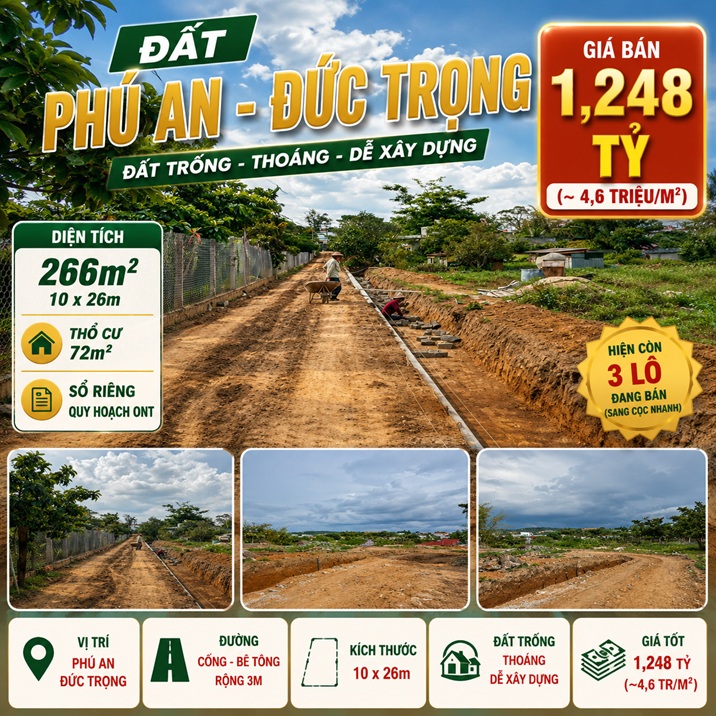 Đất Phú An 266m² ONT, thổ cư 72m², giá 1,248 tỷ