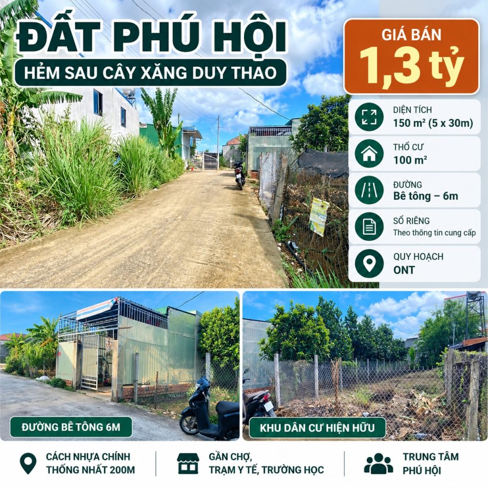 Đất Phú Hội 150m², giá 1,3 tỷ – Sổ riêng