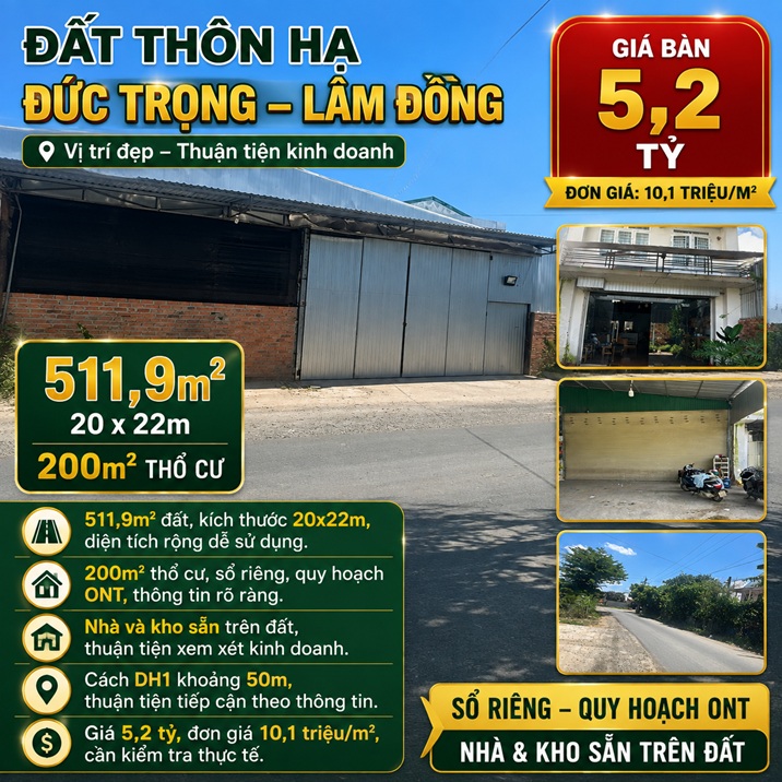 Đất Tân Hội Đức Trọng 511,9m² có nhà và kho trên đất