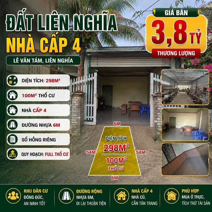 Nhà cấp 4 Lê Văn Tám 298m² tại Liên Nghĩa